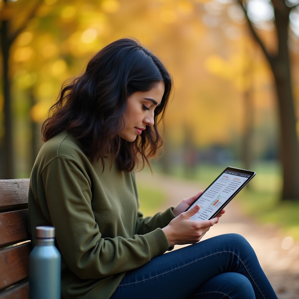 Person reviewing breathing education materials on tablet outdoors