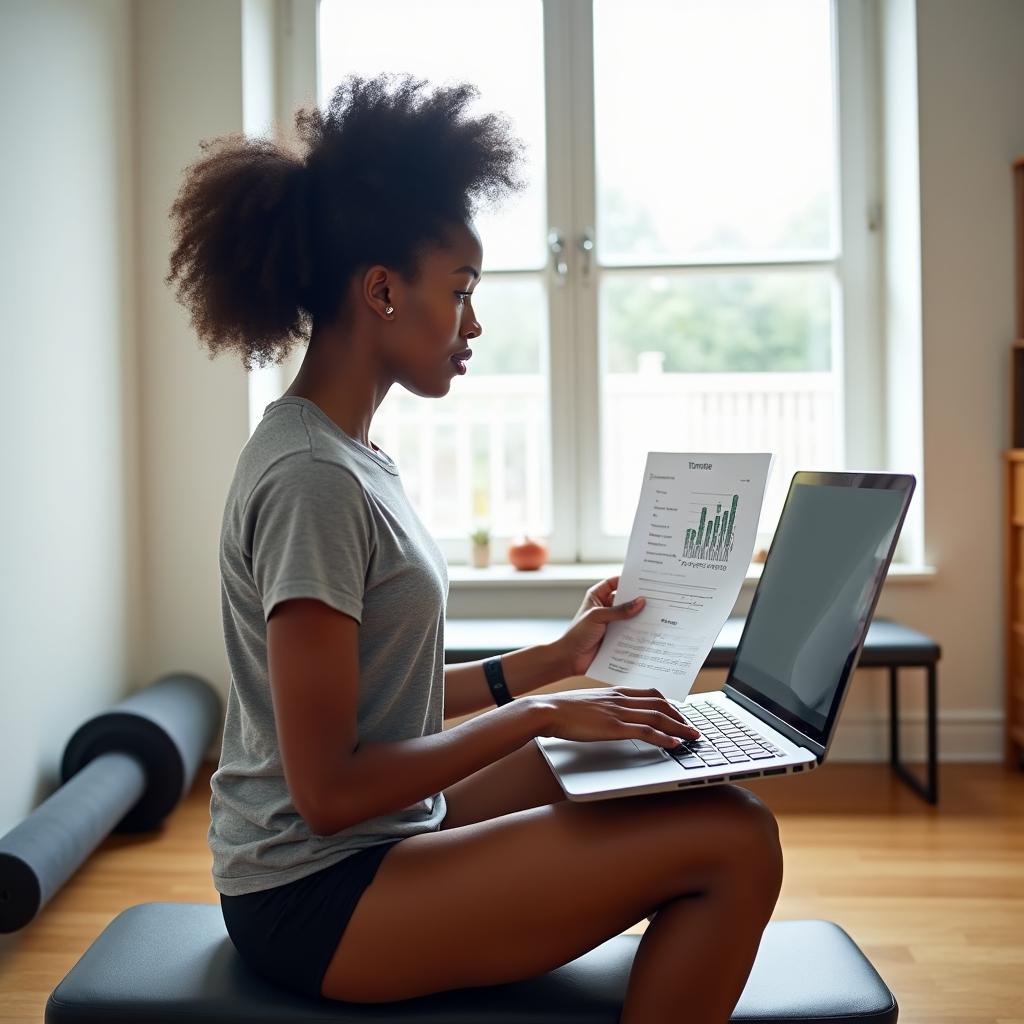 Active person watching webinar session on laptop in home gym setting